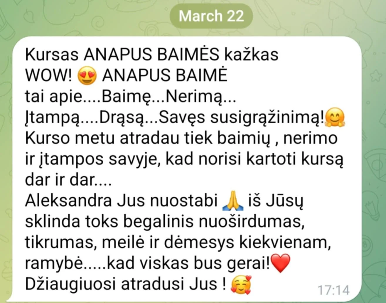 Atsiliepimas — kursas WOW, apie baimę, nerimą, įtampą, drąsą, savęs susigrąžinimą