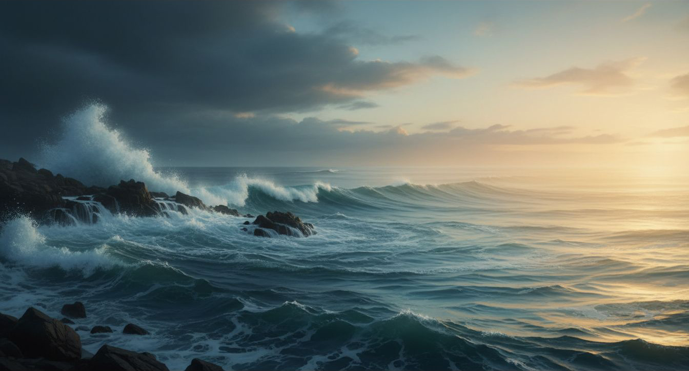 Vandenyno bangos pereinančios iš audros į ramybę — transformacijos metafora