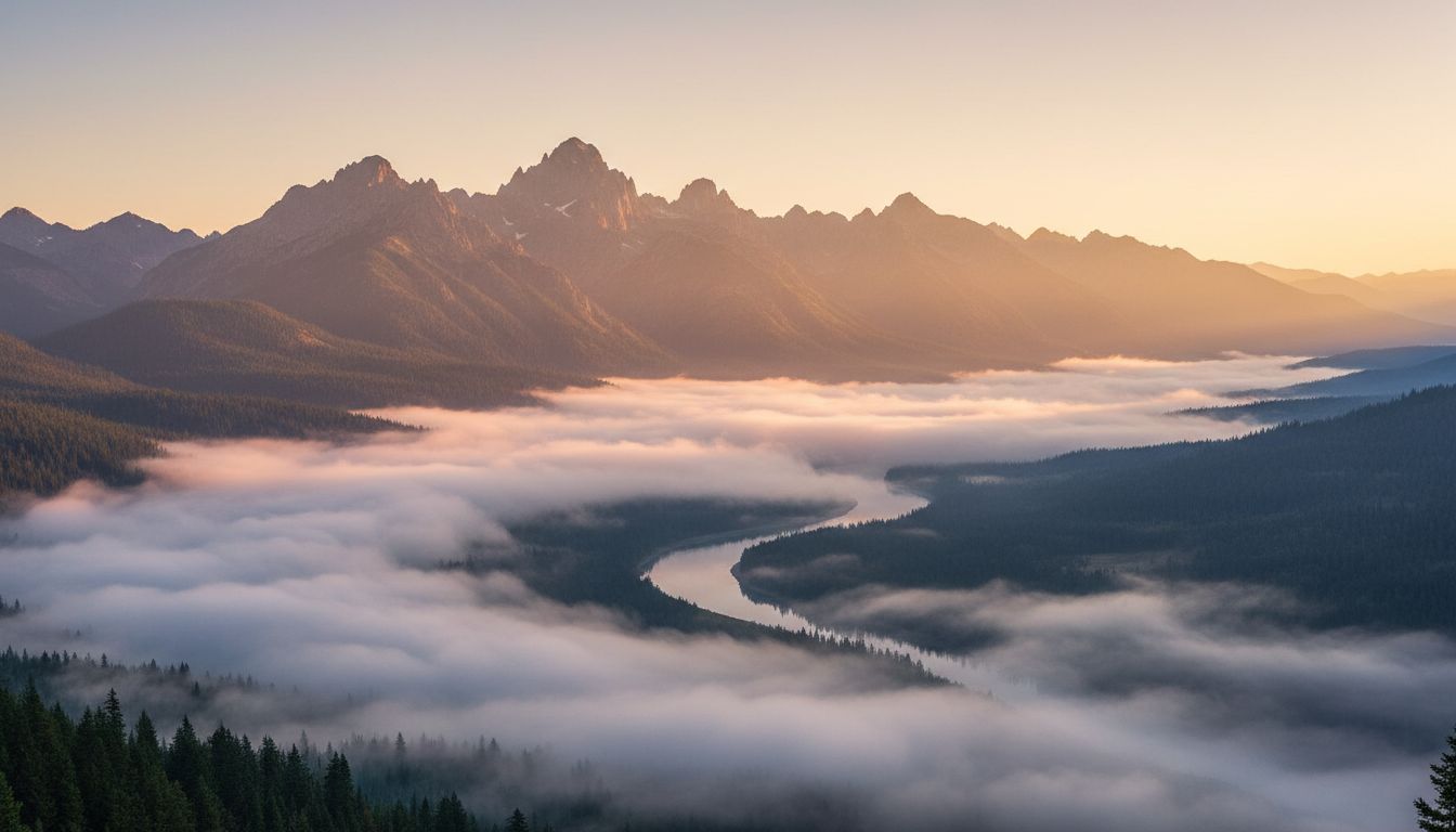 Ryto aušra virš kalnų slėnio su rūku — nauja pradžia