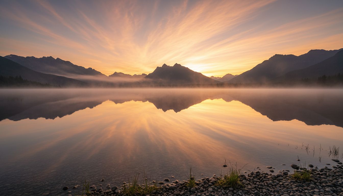 Auksinė saulėtekio šviesa virš ramaus ežero — nauja pradžia